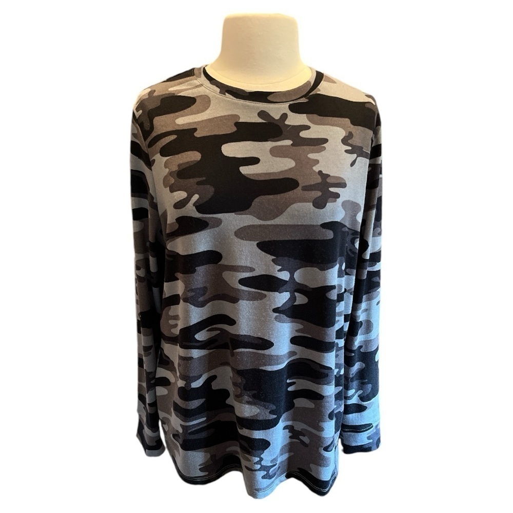 Denim&Co Camouflage Scoop Neck Jersey Long Sleeve Top Made in US Size XL​​​​​​​